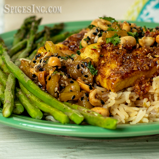 Spicy Chili Crisp Glazed Tofu over Coconut Rice
