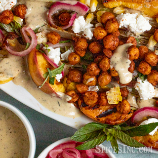 Grilled Romaine and Peach Salad with Merguez Roasted Chickpeas