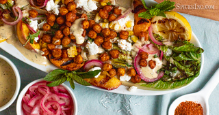 Grilled Romaine and Peach Salad with Merguez Roasted Chickpeas