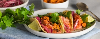 Grilled Salmon Tacos with a Fiery Chile Pesto