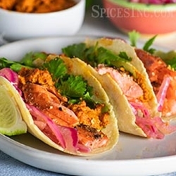Grilled Salmon Tacos with a Fiery Chile Pesto